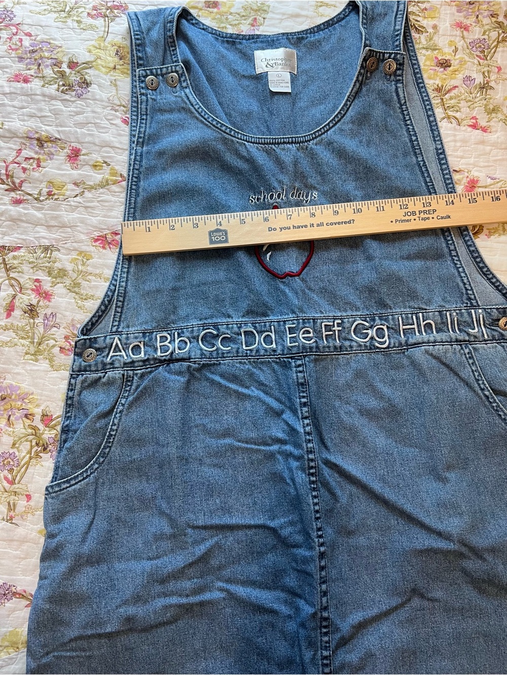 VTG Christopher & Banks Denim Jumper Dress Teacher School Days Apple Alphabet L - Picture 11 of 11